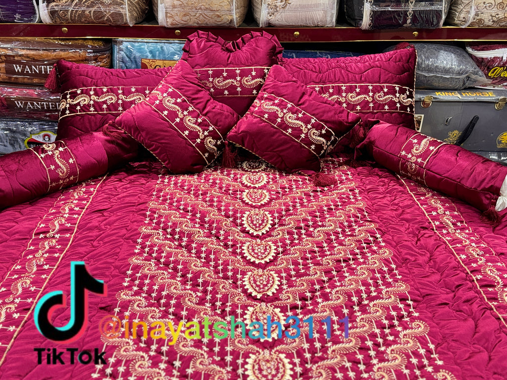 Luxury Bridal 9-Piece Embroidered Bedsheet & Quilted Razai Set –
