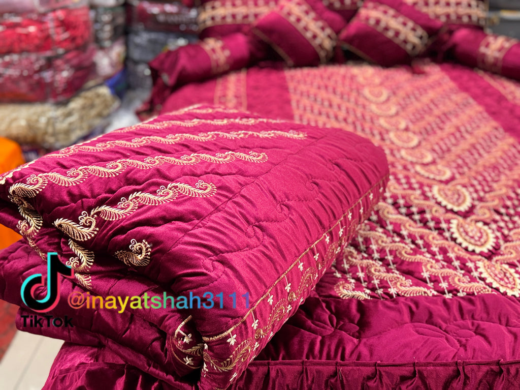 Luxury Bridal 9-Piece Embroidered Bedsheet & Quilted Razai Set –
