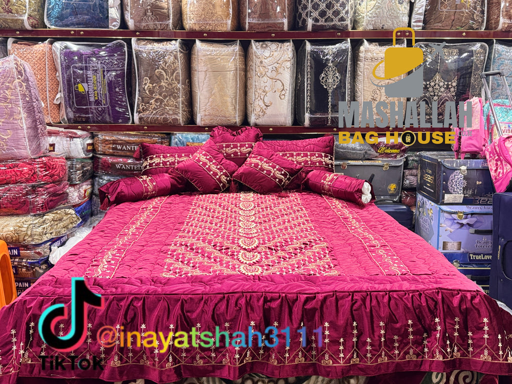 Luxury Bridal 9-Piece Embroidered Bedsheet & Quilted Razai Set –