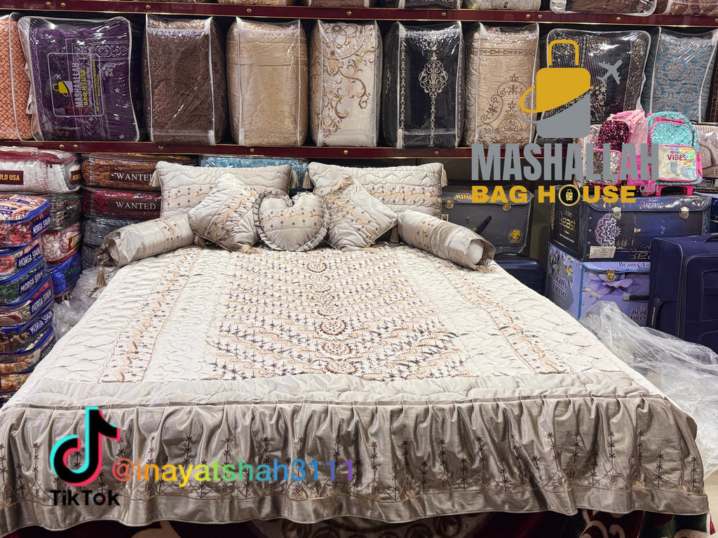 Luxury Bridal 9-Piece Embroidered Bedsheet & Quilted Razai Set – Imported Leather Cloth |