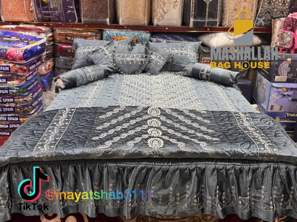 Luxury Bridal 9-Piece Embroidered Bedsheet & Quilted Razai Set