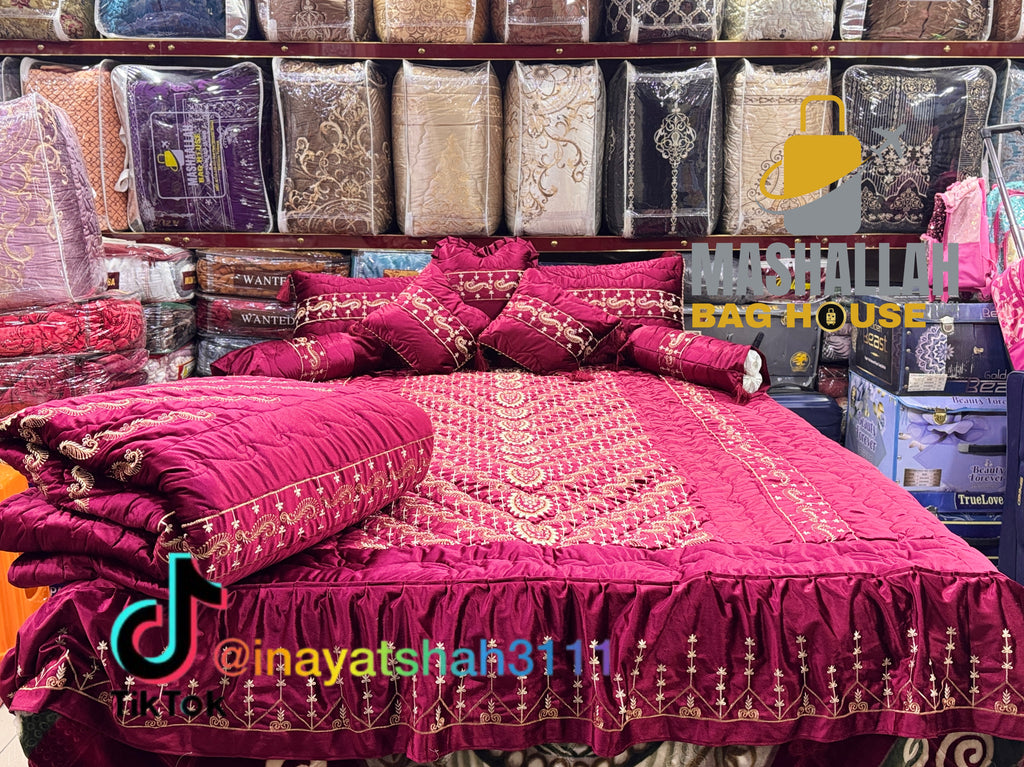 Luxury Bridal 9-Piece Embroidered Bedsheet & Quilted Razai Set –