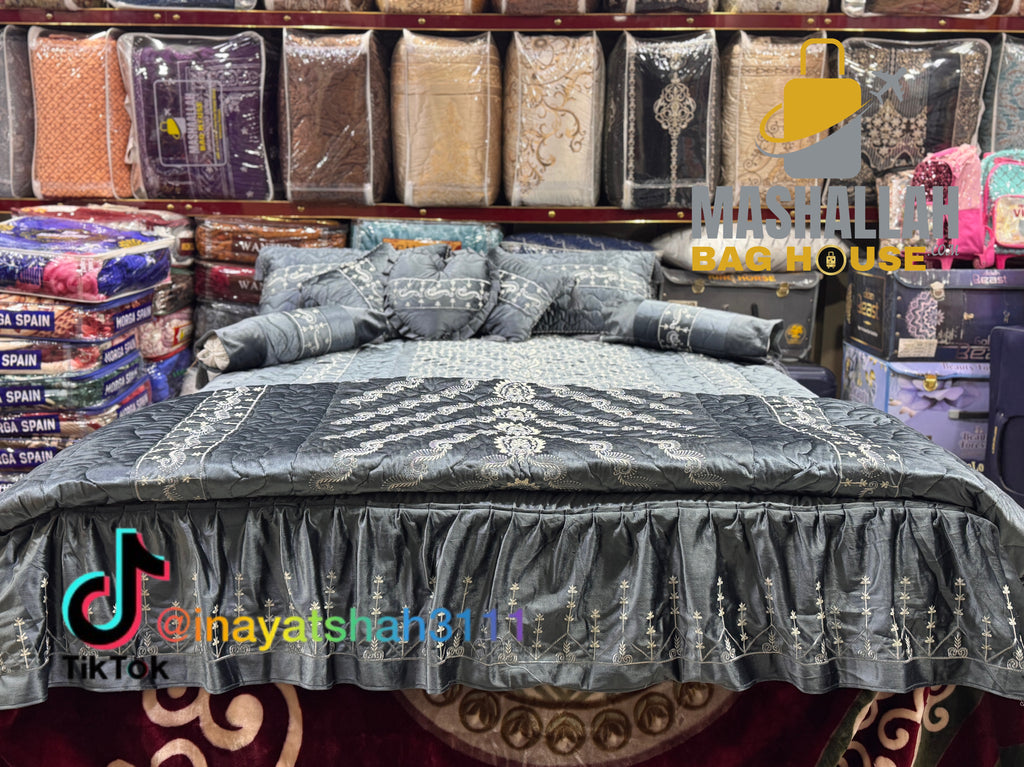 Luxury Bridal 9-Piece Embroidered Bedsheet & Quilted Razai Set