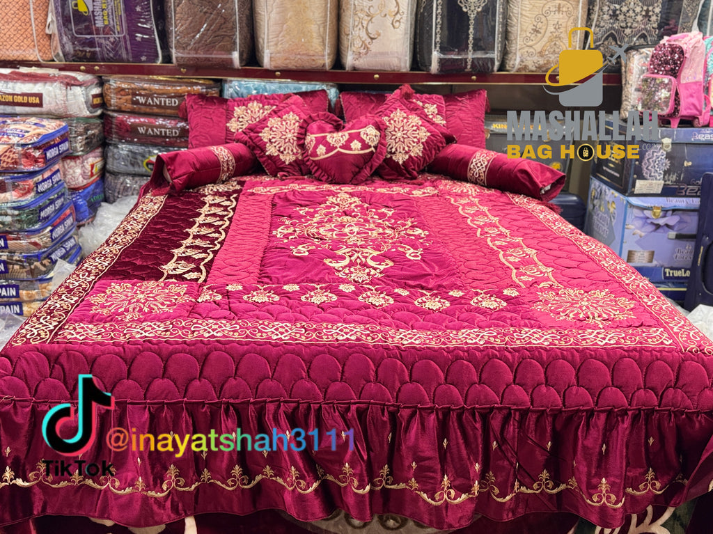 Luxury Bridal 9-Piece Embroidered Bedsheet & Quilted Razai Set –