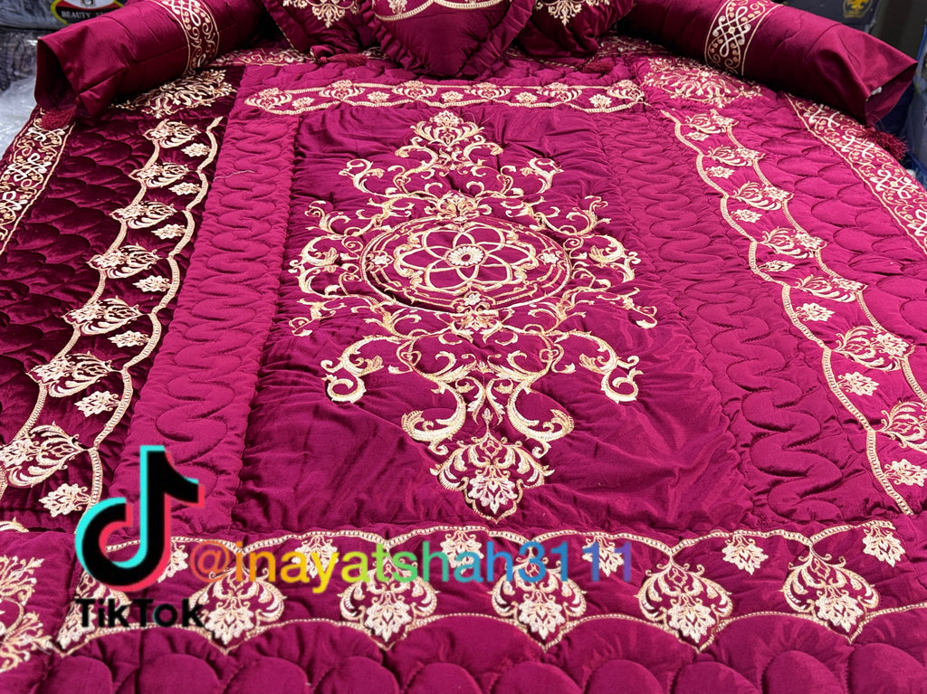 Luxury Bridal 9-Piece Embroidered Bedsheet & Quilted Razai Set –