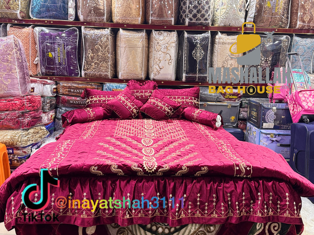 Luxury Bridal 9-Piece Embroidered Bedsheet & Quilted Razai Set –