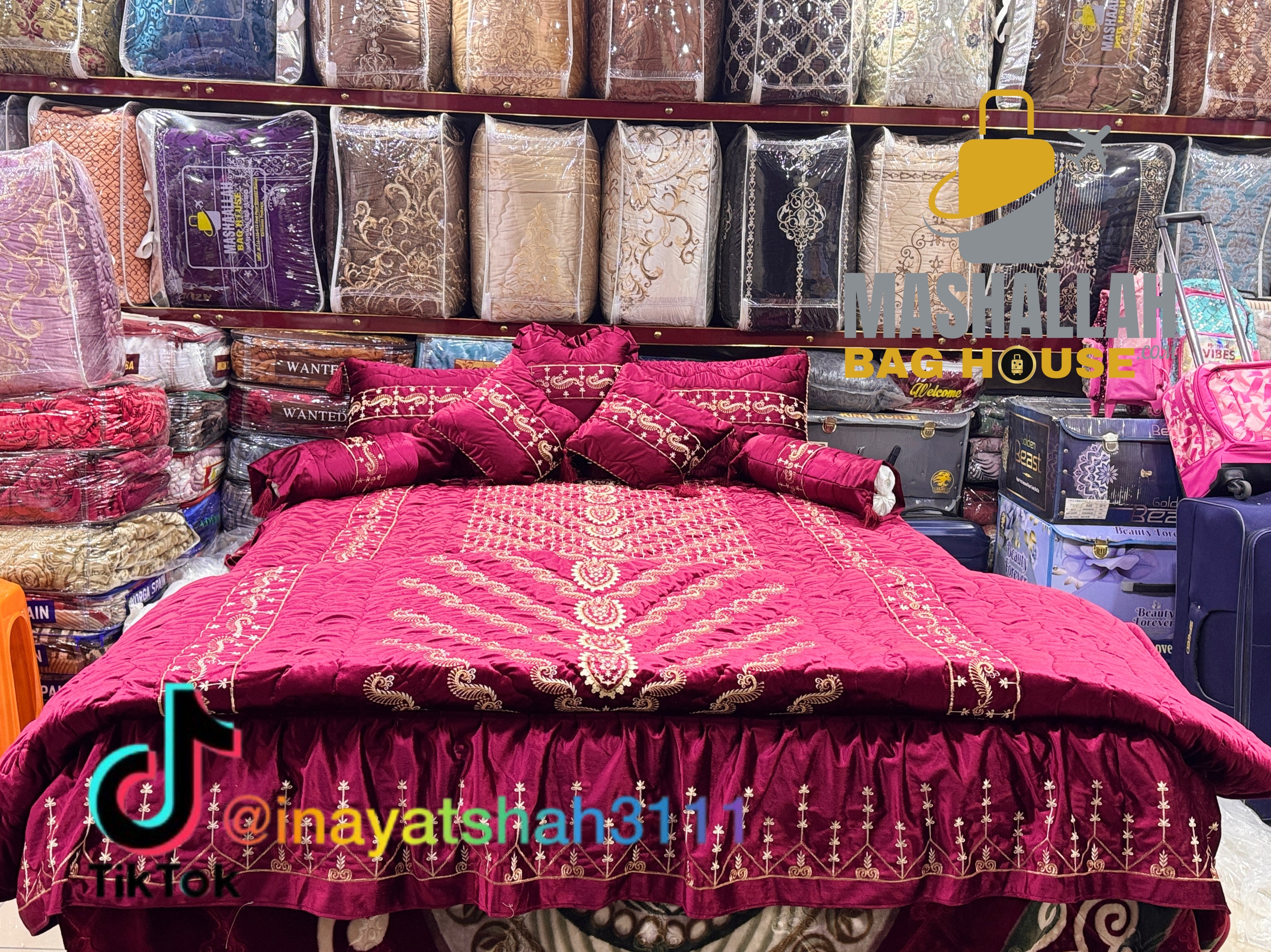 Luxury Bridal 9-Piece Embroidered Bedsheet & Quilted Razai Set –