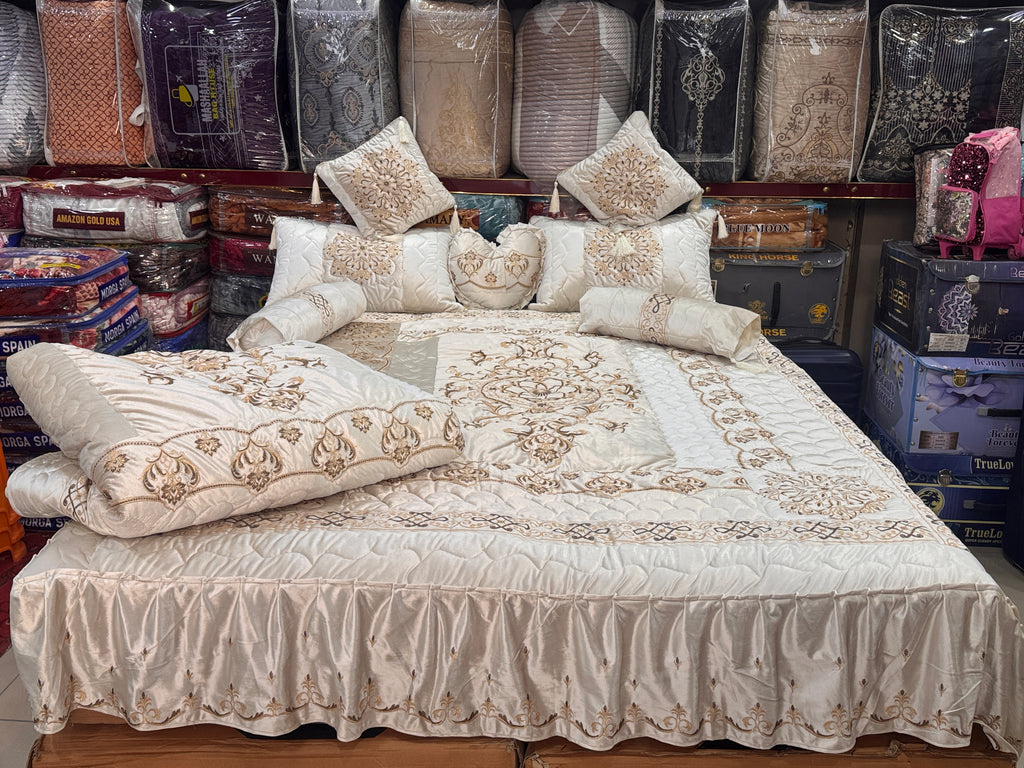 Luxury Bridal 9-Piece Embroidered Bedsheet & Razai Set – Imported Leather Cloth