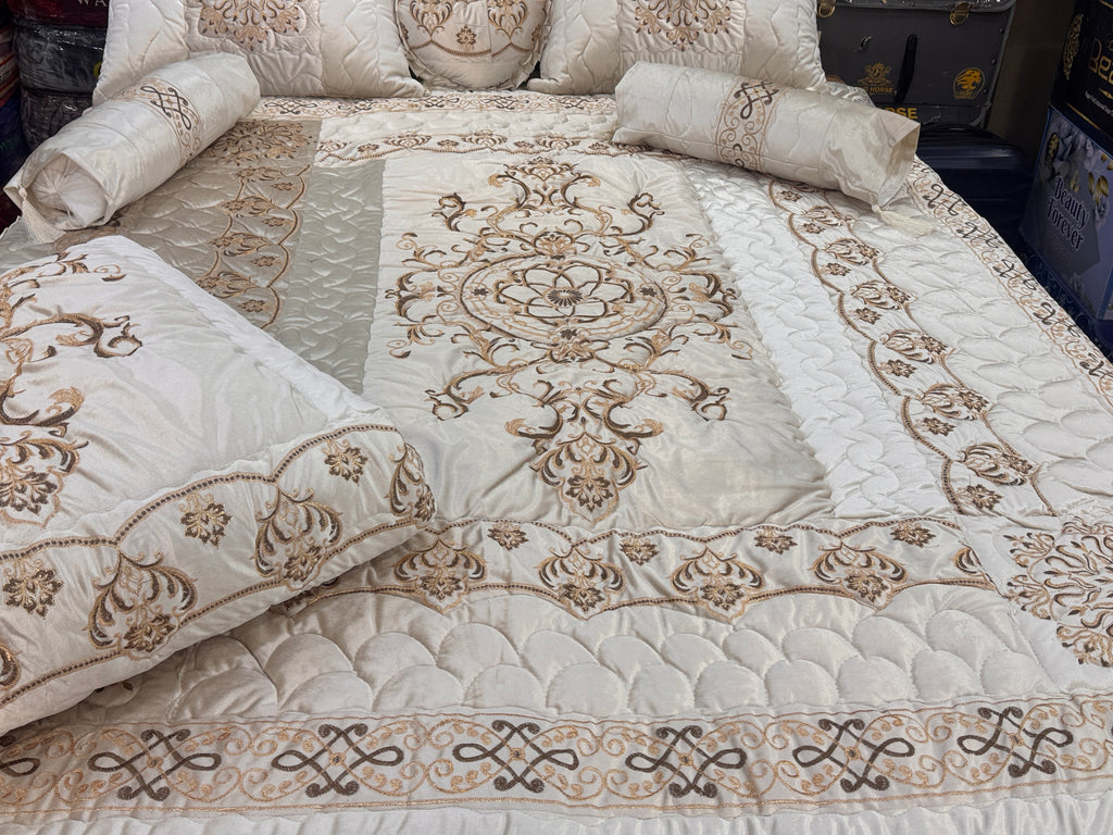 Luxury Bridal 9-Piece Embroidered Bedsheet & Razai Set – Imported Leather Cloth