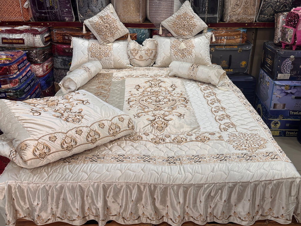 Luxury Bridal 9-Piece Embroidered Bedsheet & Razai Set – Imported Leather Cloth