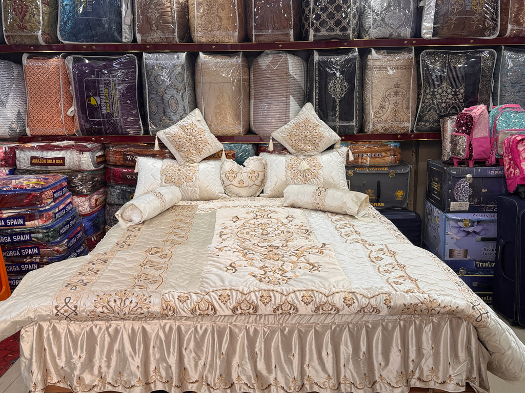 Luxury Bridal 9-Piece Embroidered Bedsheet & Razai Set – Imported Leather Cloth