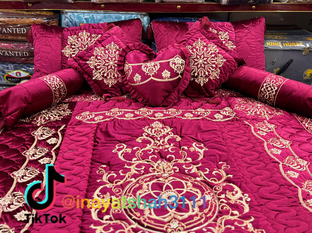 Luxury Bridal 9-Piece Embroidered Bedsheet & Quilted Razai Set –