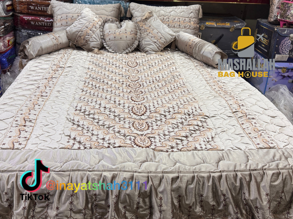 Luxury Bridal 9-Piece Embroidered Bedsheet & Quilted Razai Set – Imported Leather Cloth |