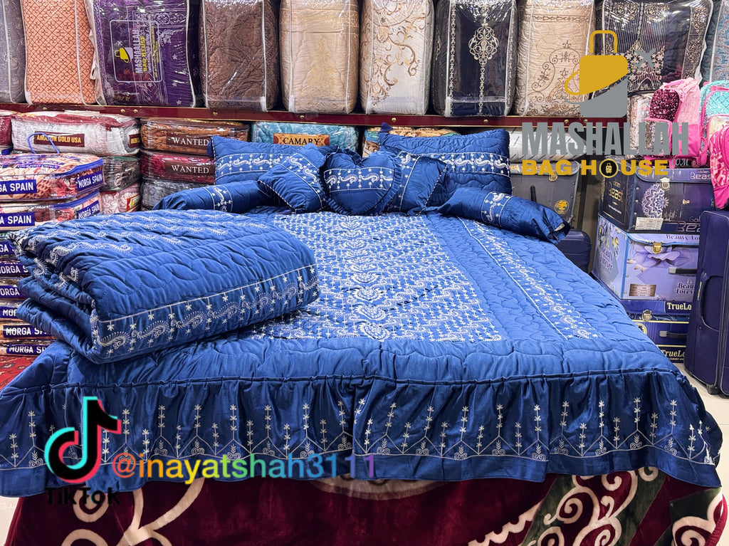 Luxury Bridal 9-Piece Embroidered Bedsheet & Quilted Razai Set