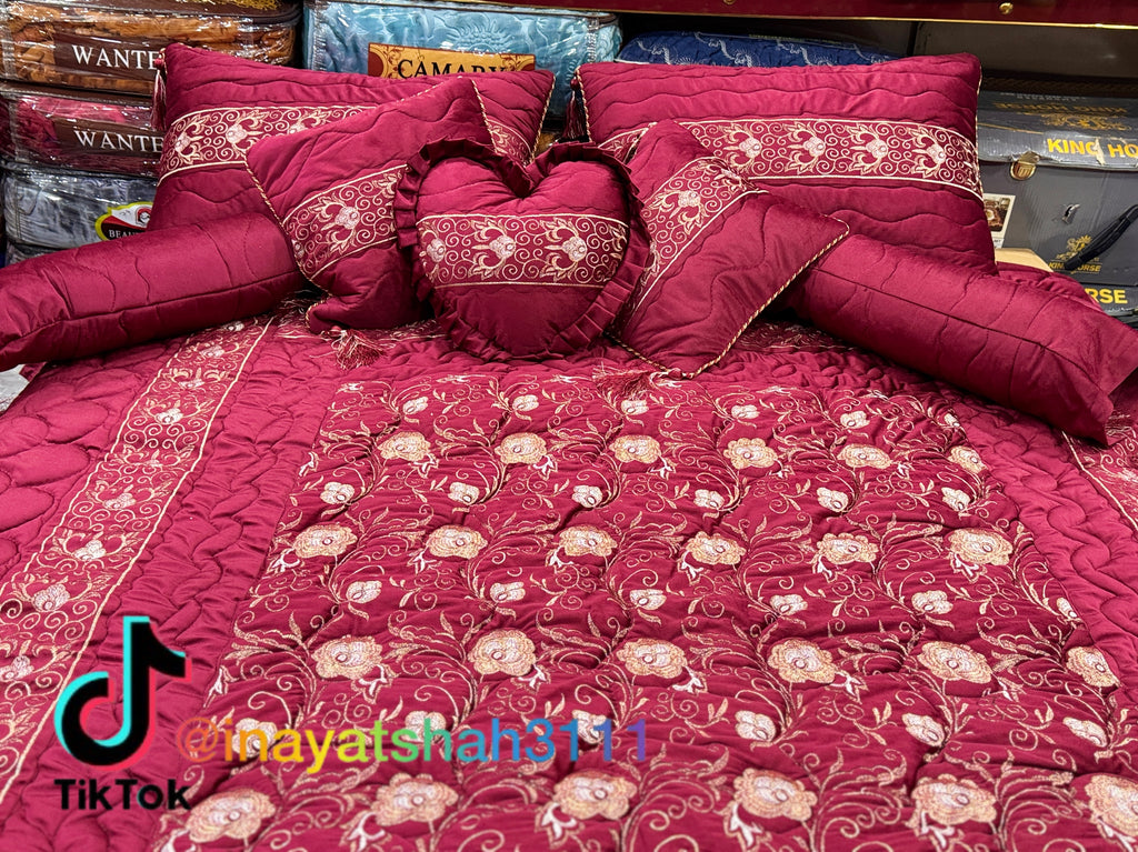 Luxury Bridal 9-Piece Embroidered Bedsheet & Quilted Razai Set –