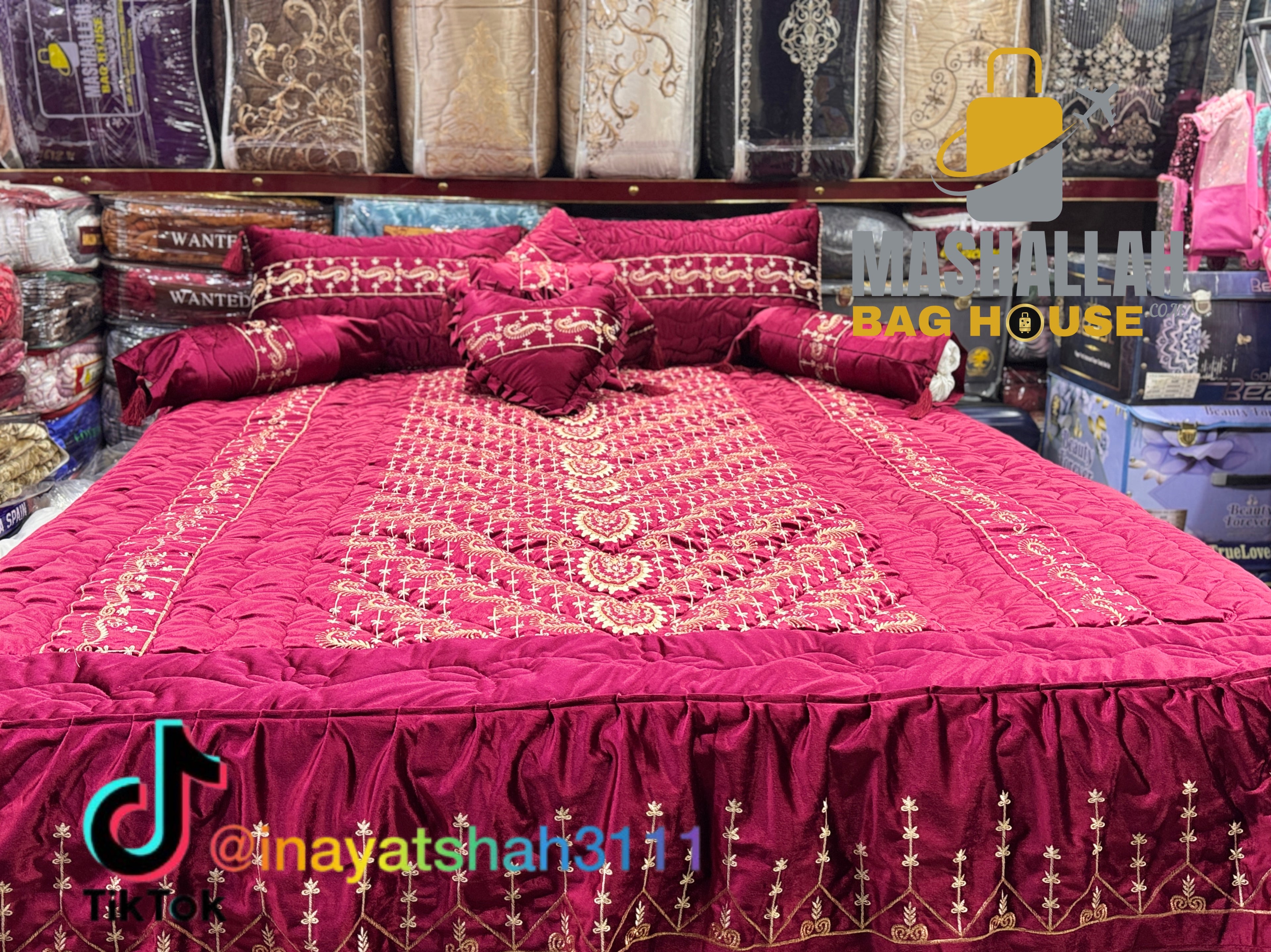 Luxury Bridal 9-Piece Embroidered Bedsheet & Quilted Razai Set –