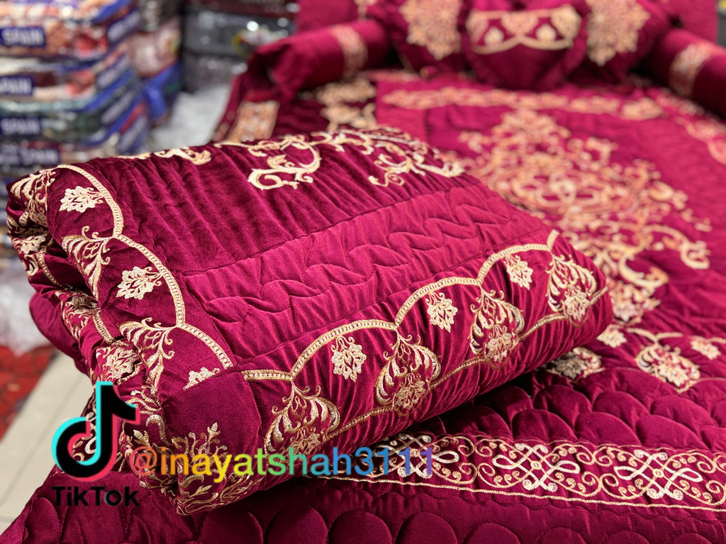 Luxury Bridal 9-Piece Embroidered Bedsheet & Quilted Razai Set –