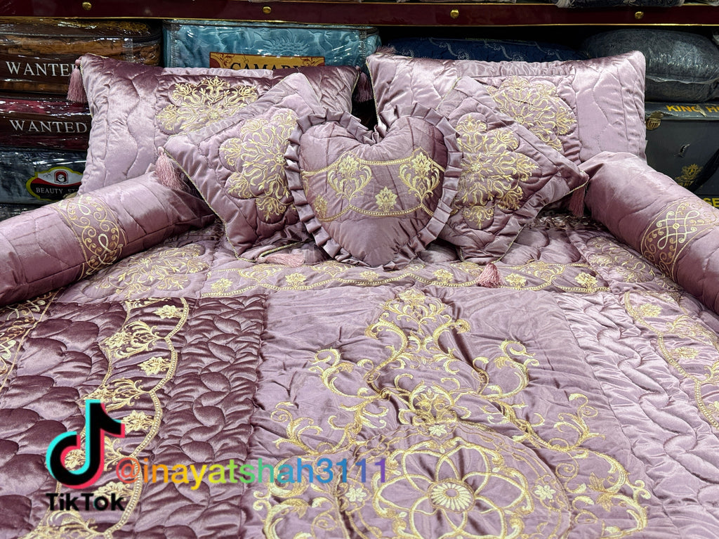 Luxury Bridal 9-Piece Embroidered Bedsheet & Razai Set – Imported Leather Cloth
