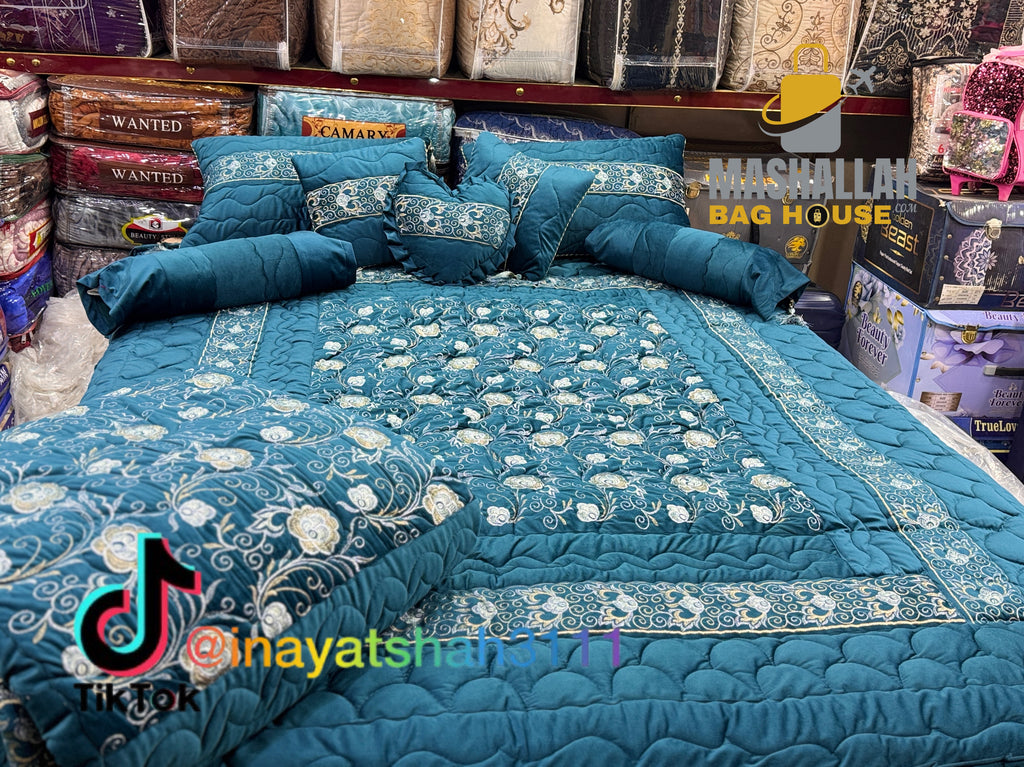 Luxury 9-Piece Embroidered Bedsheet & Quilted Razai Set – Imported Leather Cloth | Mashallah Kambal House