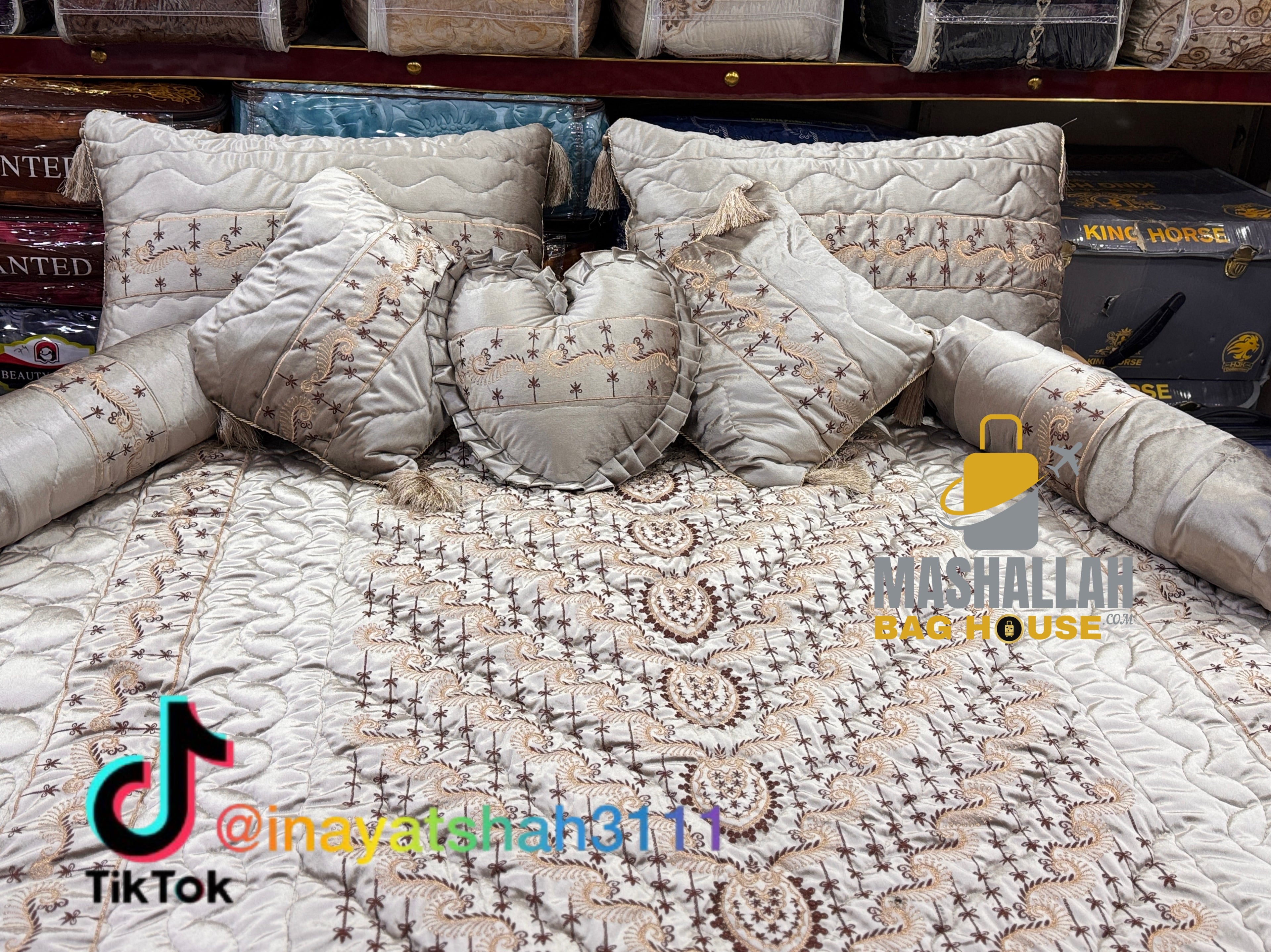 Luxury Bridal 9-Piece Embroidered Bedsheet & Quilted Razai Set – Imported Leather Cloth |