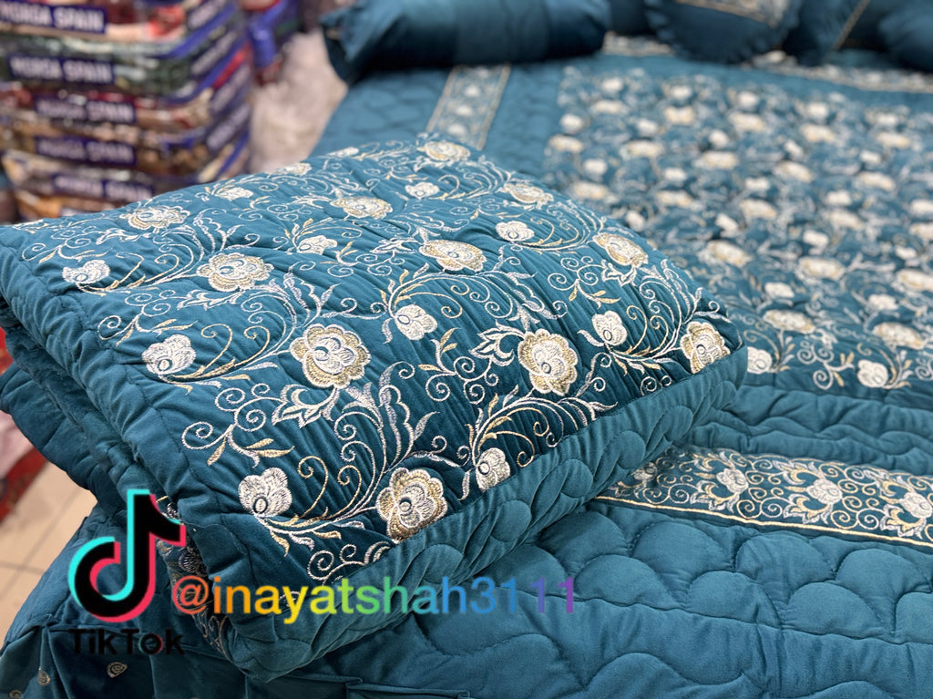 Luxury 9-Piece Embroidered Bedsheet & Quilted Razai Set – Imported Leather Cloth | Mashallah Kambal House
