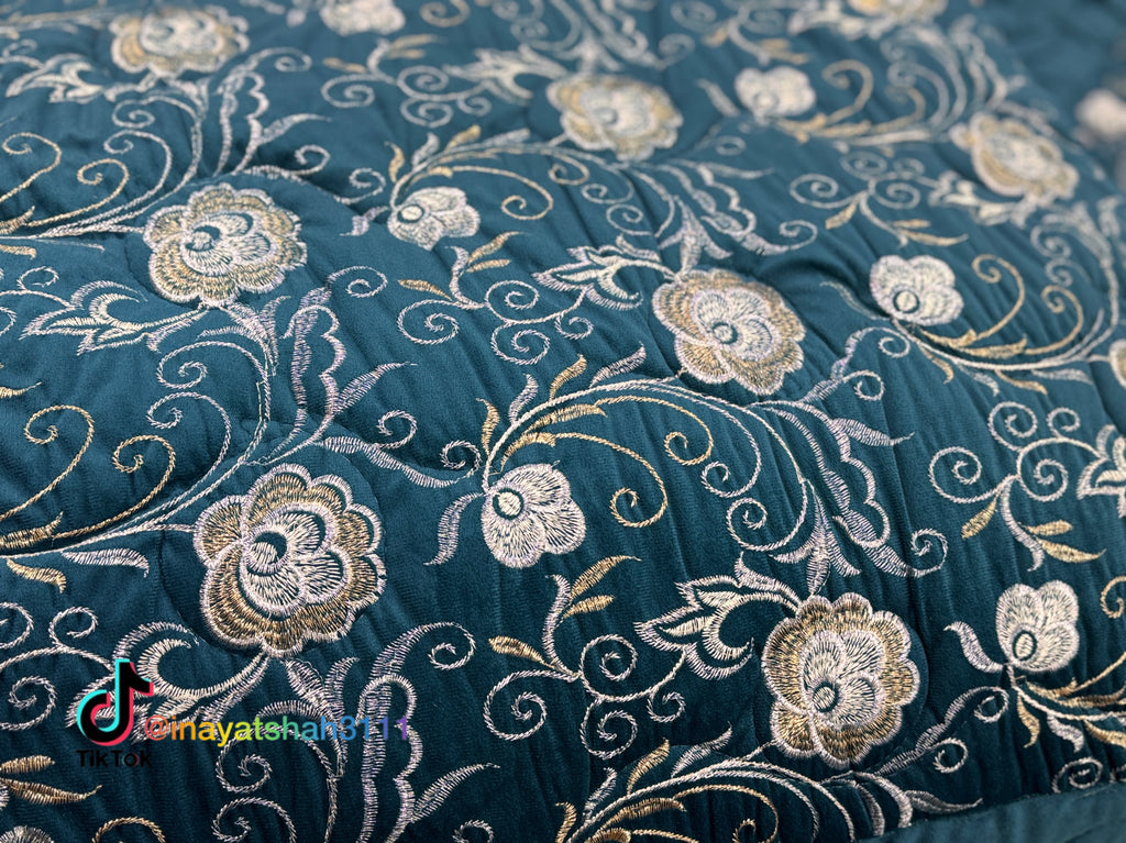 Luxury 9-Piece Embroidered Bedsheet & Quilted Razai Set – Imported Leather Cloth | Mashallah Kambal House