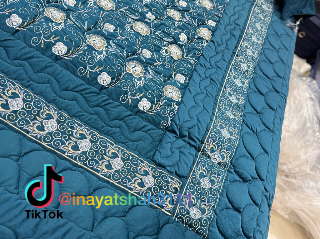Luxury 9-Piece Embroidered Bedsheet & Quilted Razai Set – Imported Leather Cloth | Mashallah Kambal House