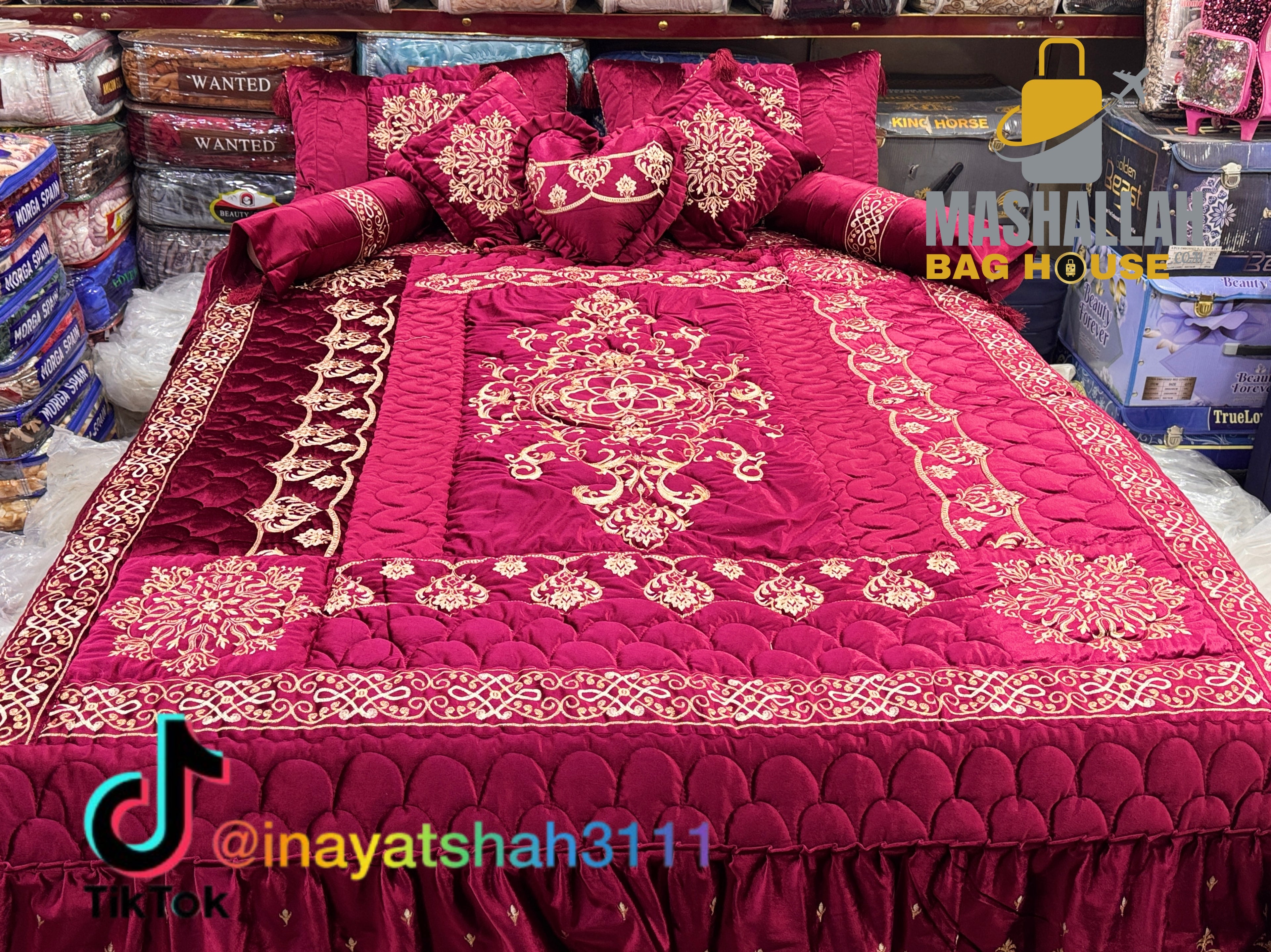 Luxury Bridal 9-Piece Embroidered Bedsheet & Quilted Razai Set –