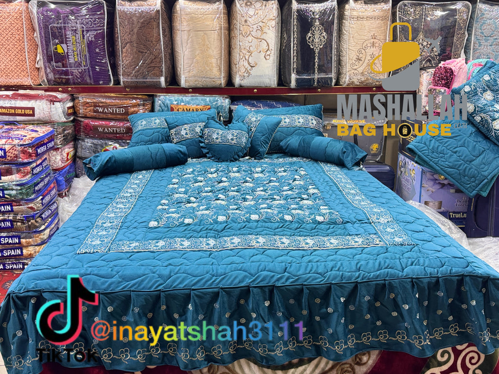 Luxury 9-Piece Embroidered Bedsheet & Quilted Razai Set – Imported Leather Cloth | Mashallah Kambal House