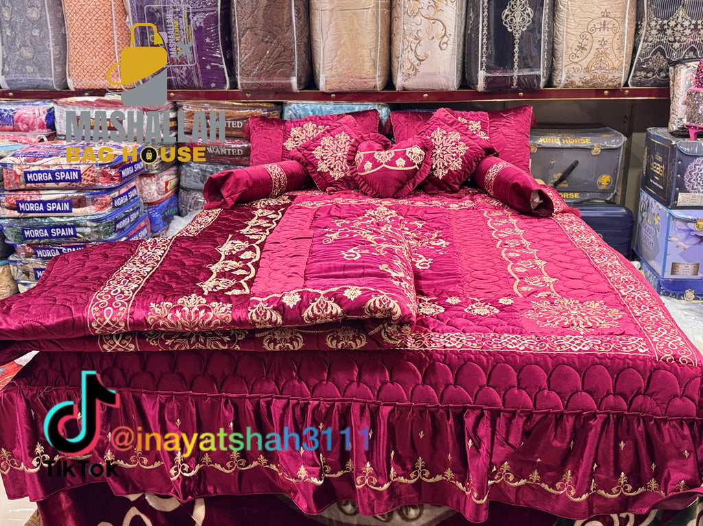 Luxury Bridal 9-Piece Embroidered Bedsheet & Quilted Razai Set –
