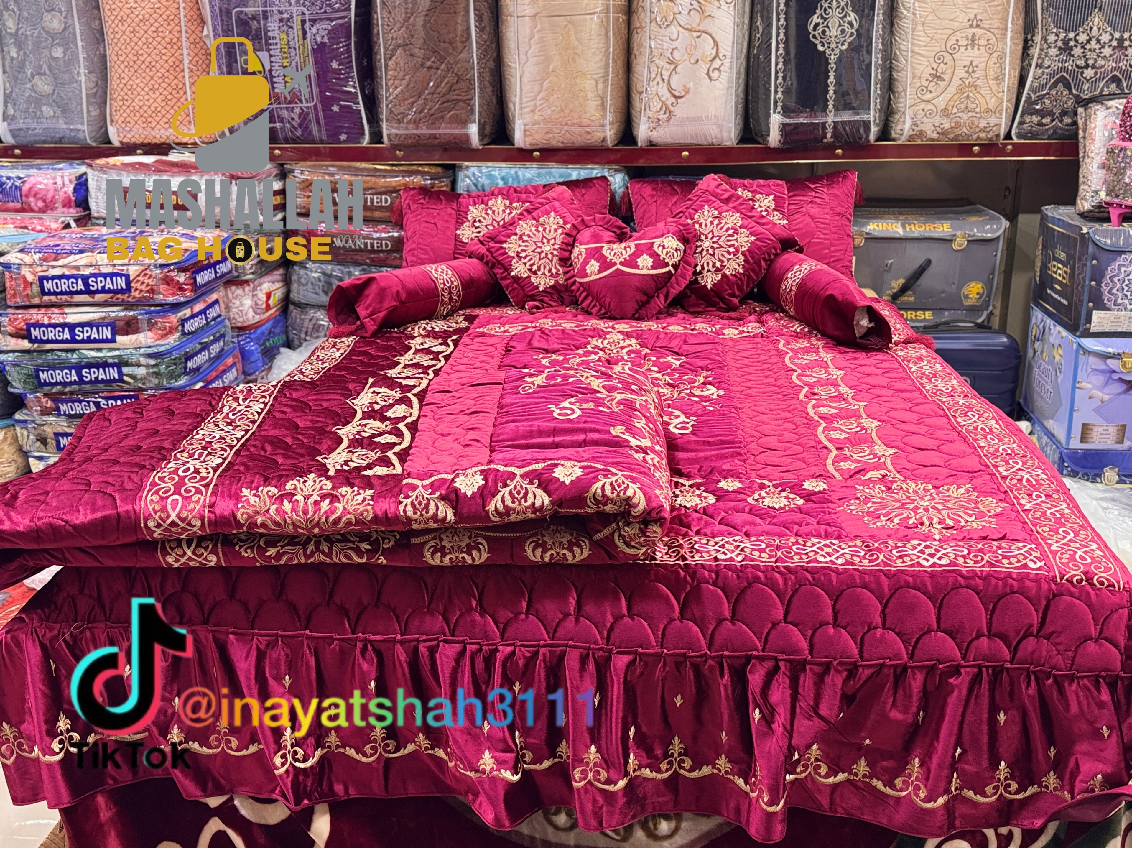 Luxury Bridal 9-Piece Embroidered Bedsheet & Quilted Razai Set –