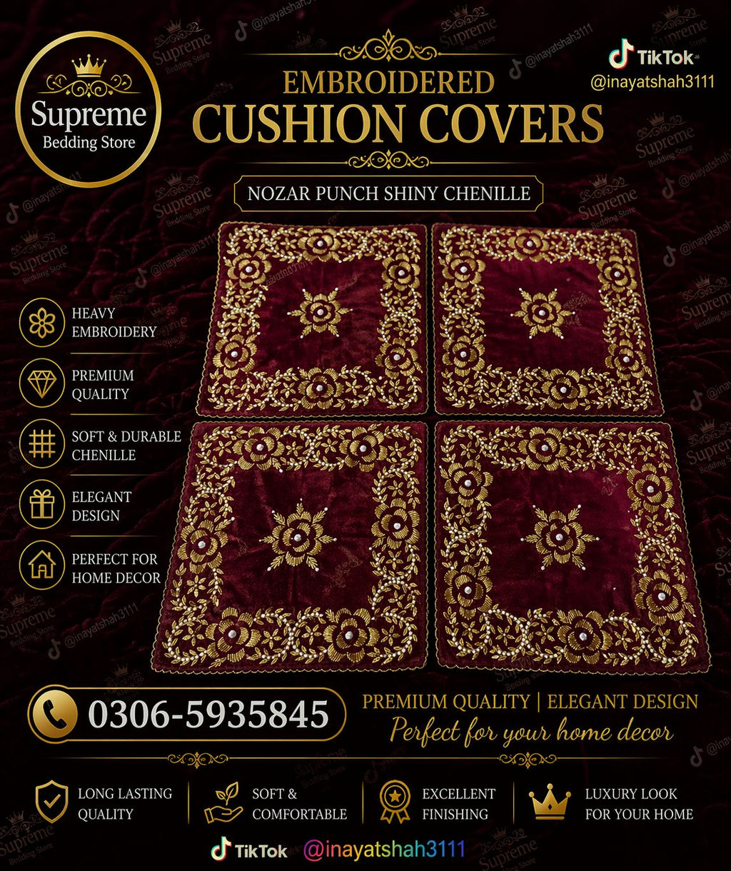 Complete Bridal Chenille Set – 12+ Pcs Luxury & Gold Bedding & Décor Set