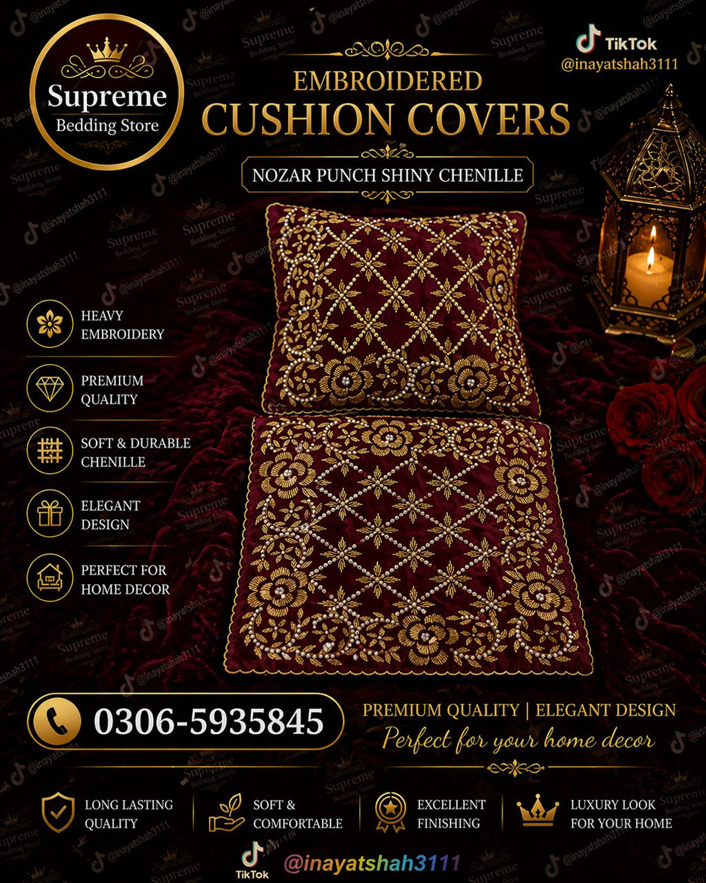 Complete Bridal Chenille Set – 12+ Pcs Luxury & Gold Bedding & Décor Set