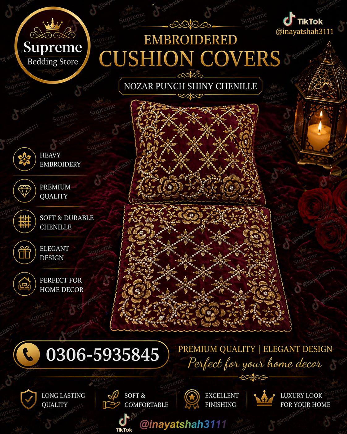 Complete Bridal Chenille Set – 12+ Pcs Luxury & Gold Bedding & Décor Set