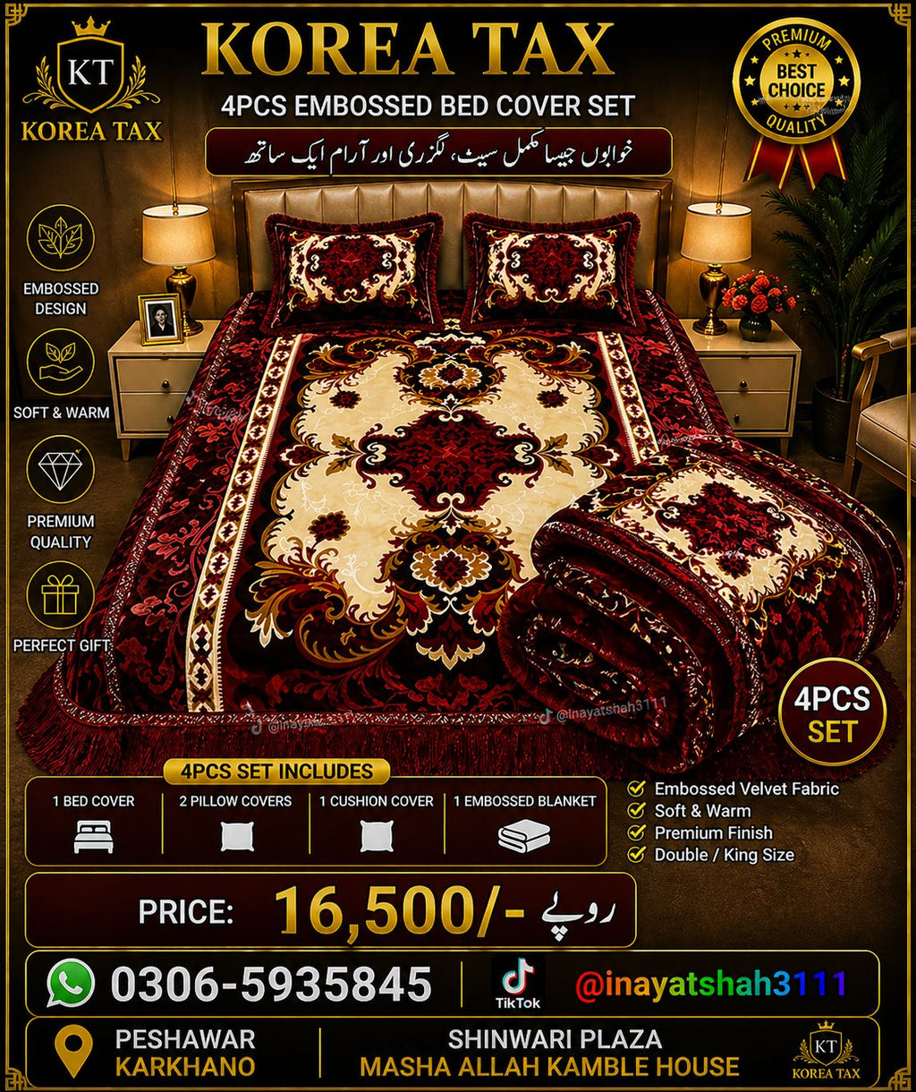 Korea Tax 4PCS Embossed Bed Cover Set – Luxury Velvet Floral Bedding Set