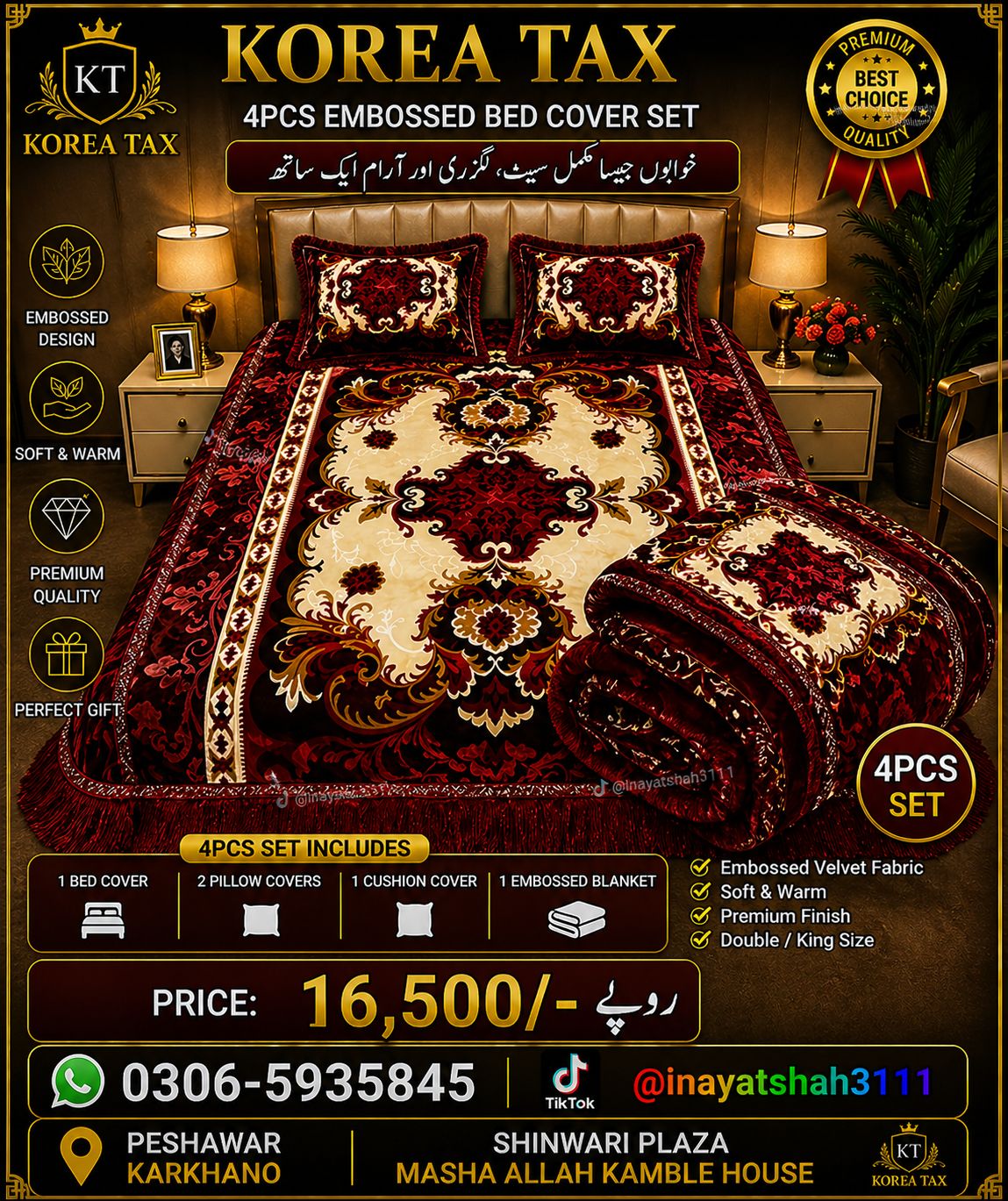 Korea Tax 4PCS Embossed Bed Cover Set – Luxury Velvet Floral Bedding Set