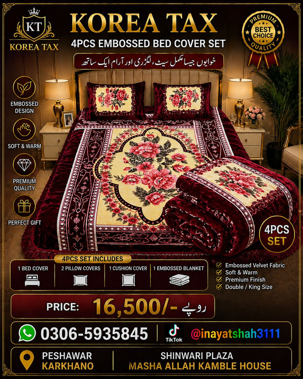 Korea Tax 4PCS Embossed Bed Cover Set – Luxury Velvet Floral Bedding Set