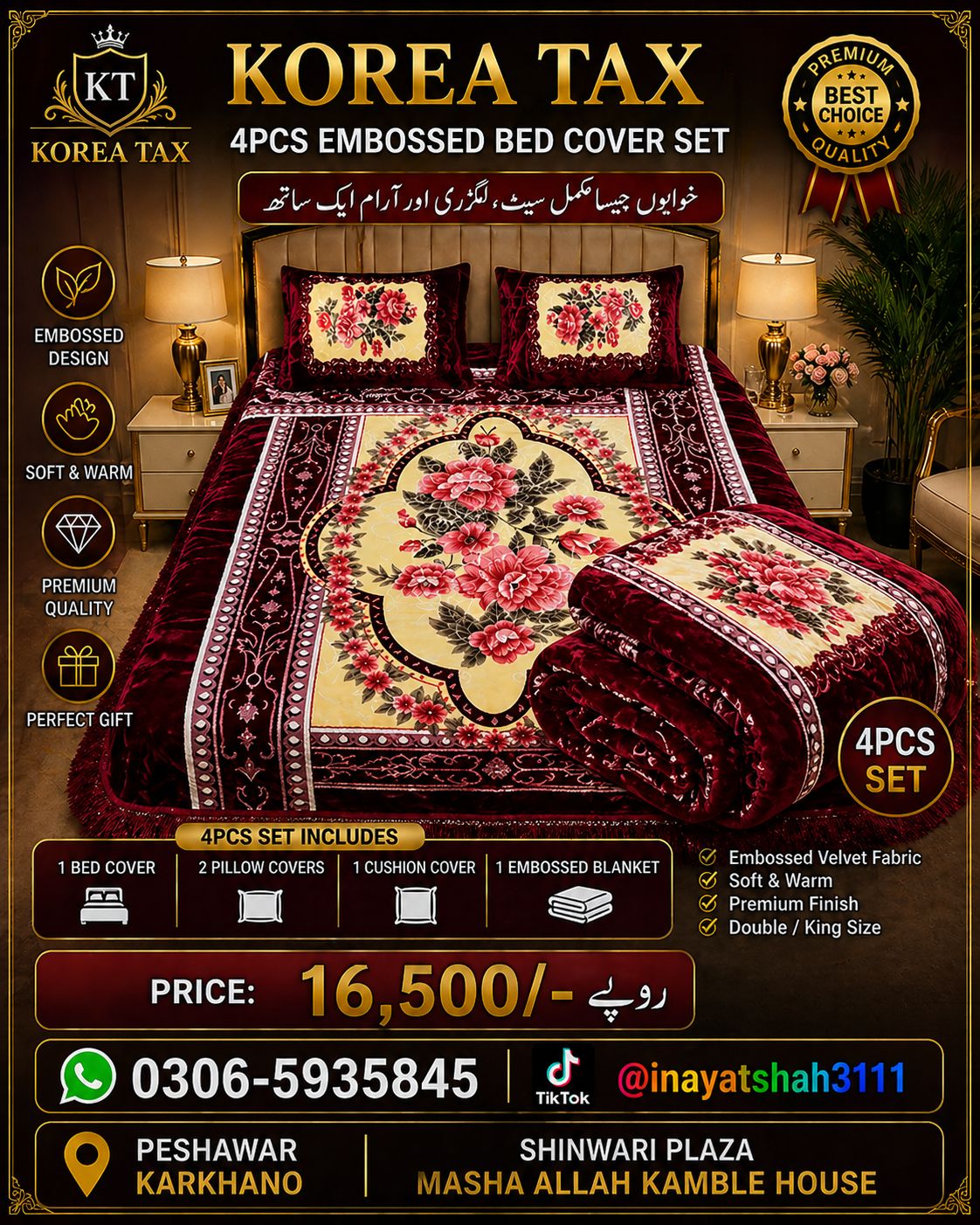 Korea Tax 4PCS Embossed Bed Cover Set – Luxury Velvet Floral Bedding Set