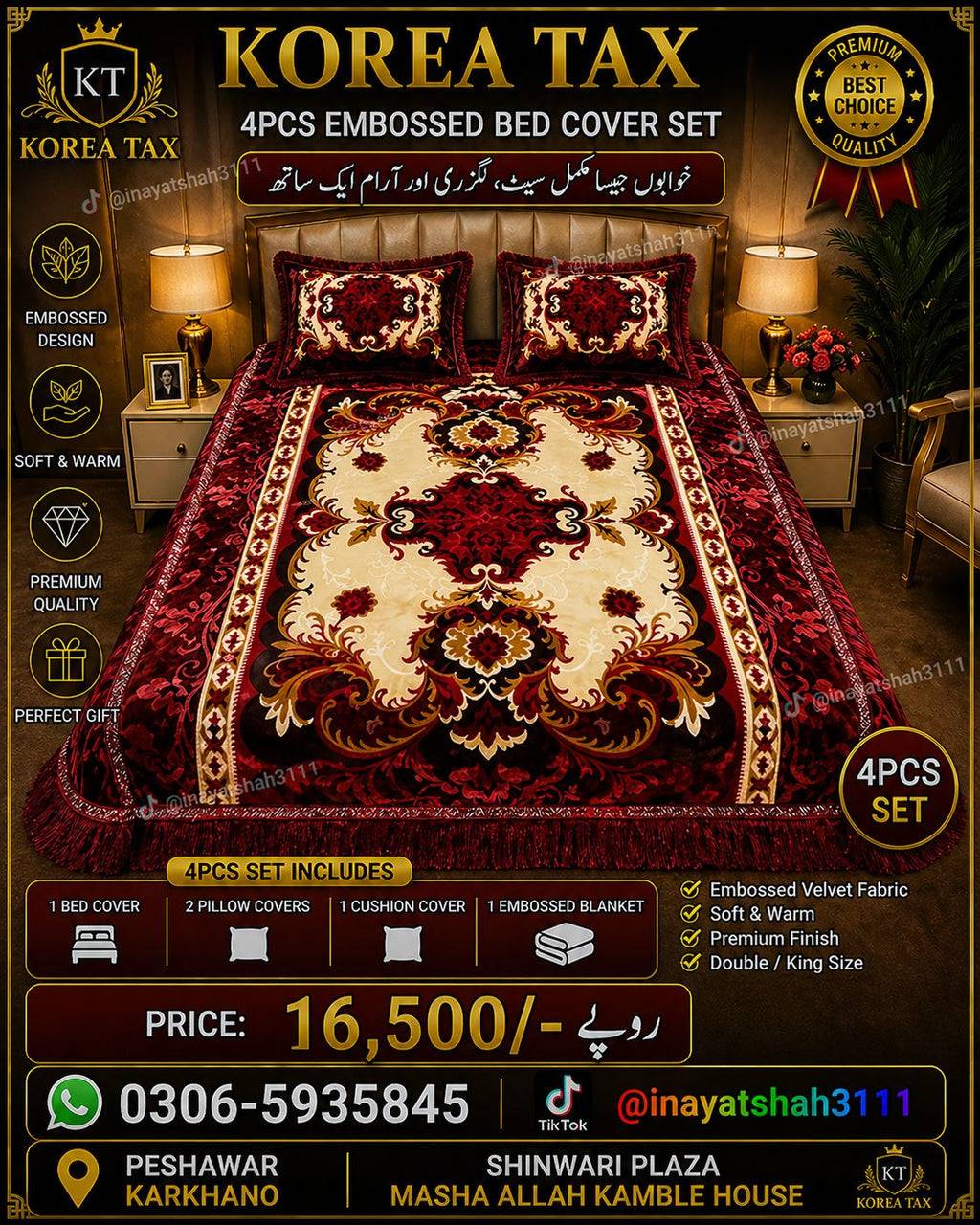 Korea Tax 4PCS Embossed Bed Cover Set – Luxury Velvet Floral Bedding Set