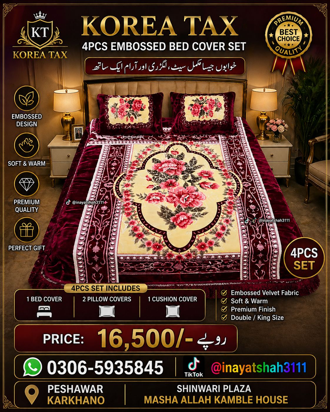 Korea Tax 4PCS Embossed Bed Cover Set – Luxury Velvet Floral Bedding Set