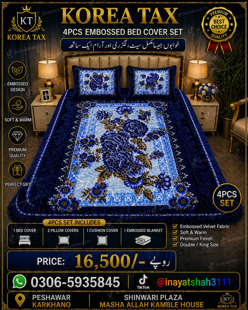 Korea Tax 4PCS Embossed Bed Cover Set – Luxury Velvet Floral Bedding Set