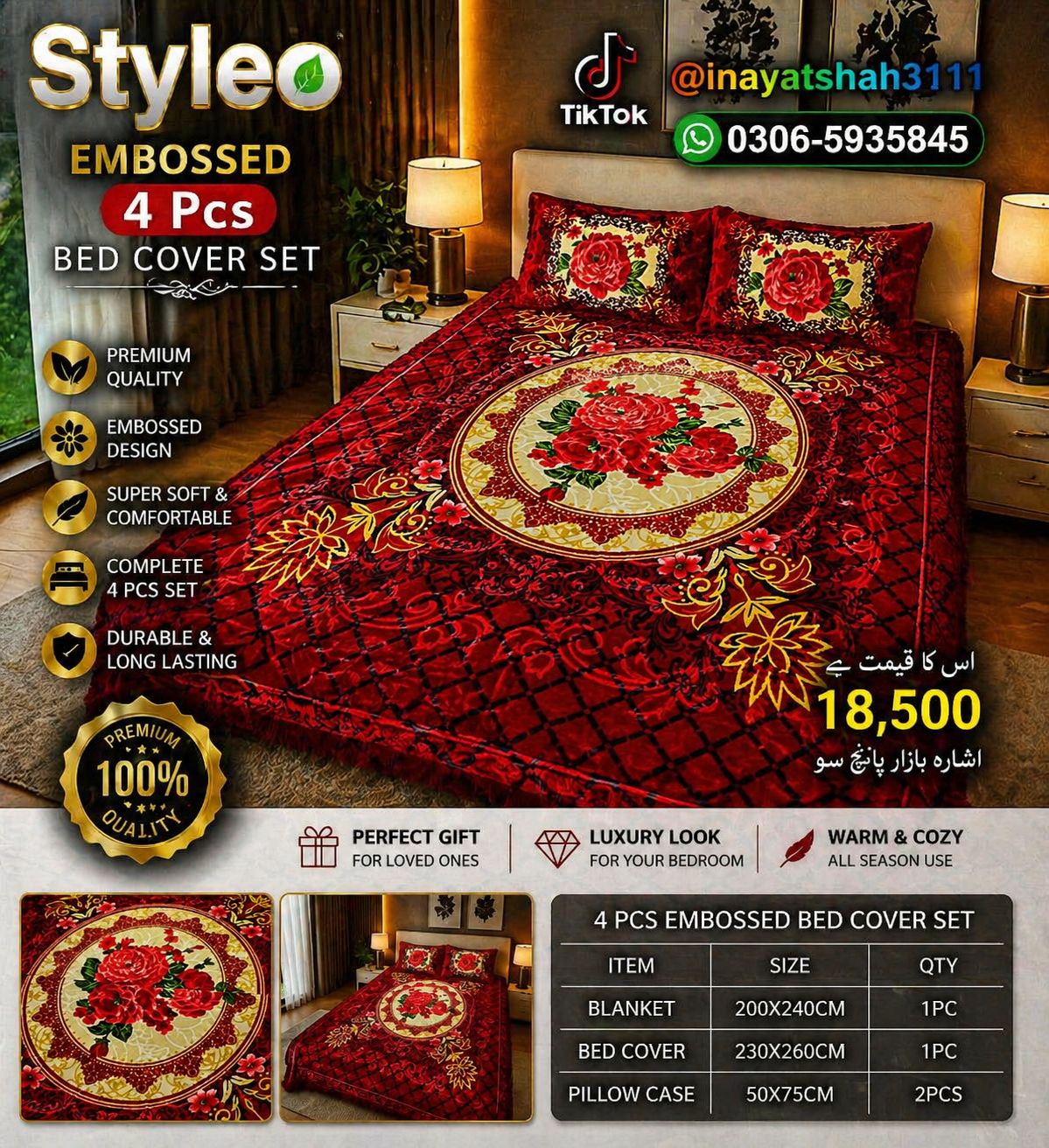 Styleo 4PCS Embossed Bed Cover Set – Luxury Grey Floral Velvet Bedding Set
