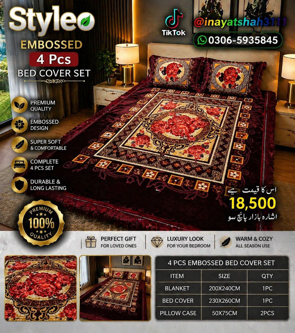 Styleo 4PCS Embossed Bed Cover Set – Luxury Grey Floral Velvet Bedding Set