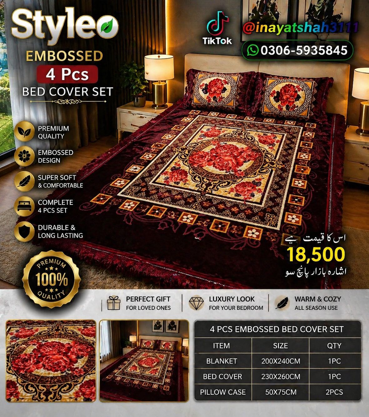 Styleo 4PCS Embossed Bed Cover Set – Luxury Grey Floral Velvet Bedding Set