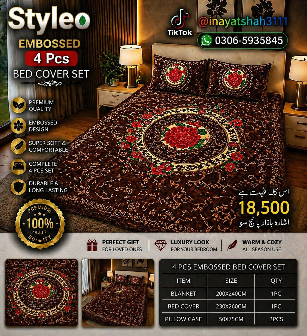 Styleo 4PCS Embossed Bed Cover Set – Luxury Grey Floral Velvet Bedding Set