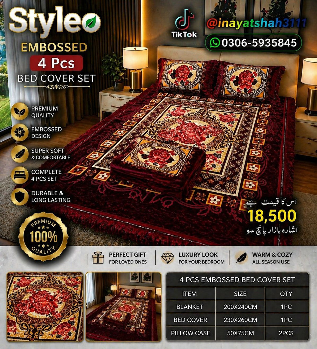 Styleo 4PCS Embossed Bed Cover Set – Luxury Grey Floral Velvet Bedding Set