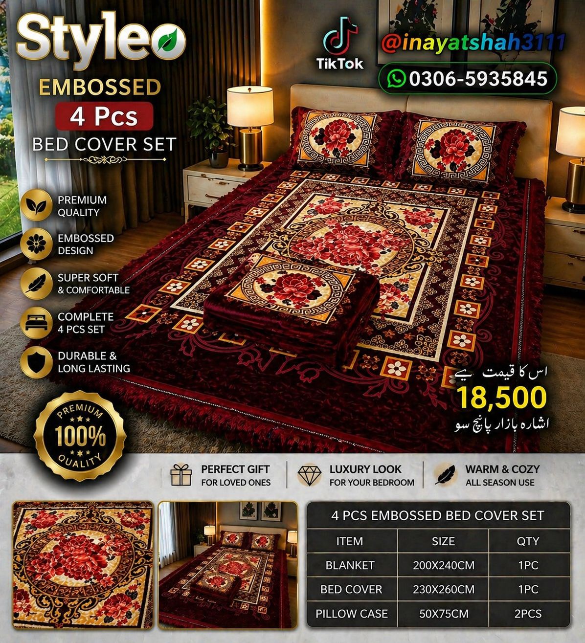Styleo 4PCS Embossed Bed Cover Set – Luxury Grey Floral Velvet Bedding Set