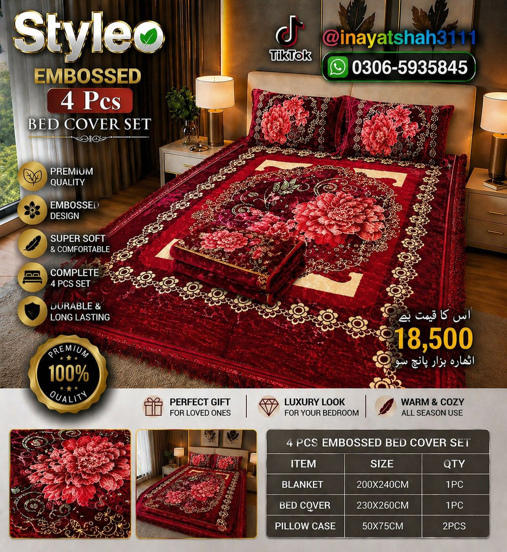 Styleo 4PCS Embossed Bed Cover Set – Luxury Grey Floral Velvet Bedding Set