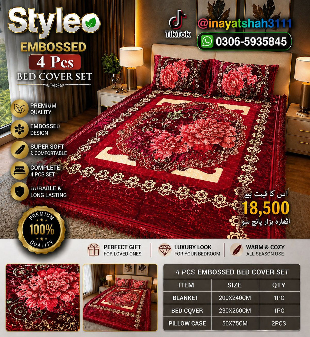 Styleo 4PCS Embossed Bed Cover Set – Luxury Grey Floral Velvet Bedding Set
