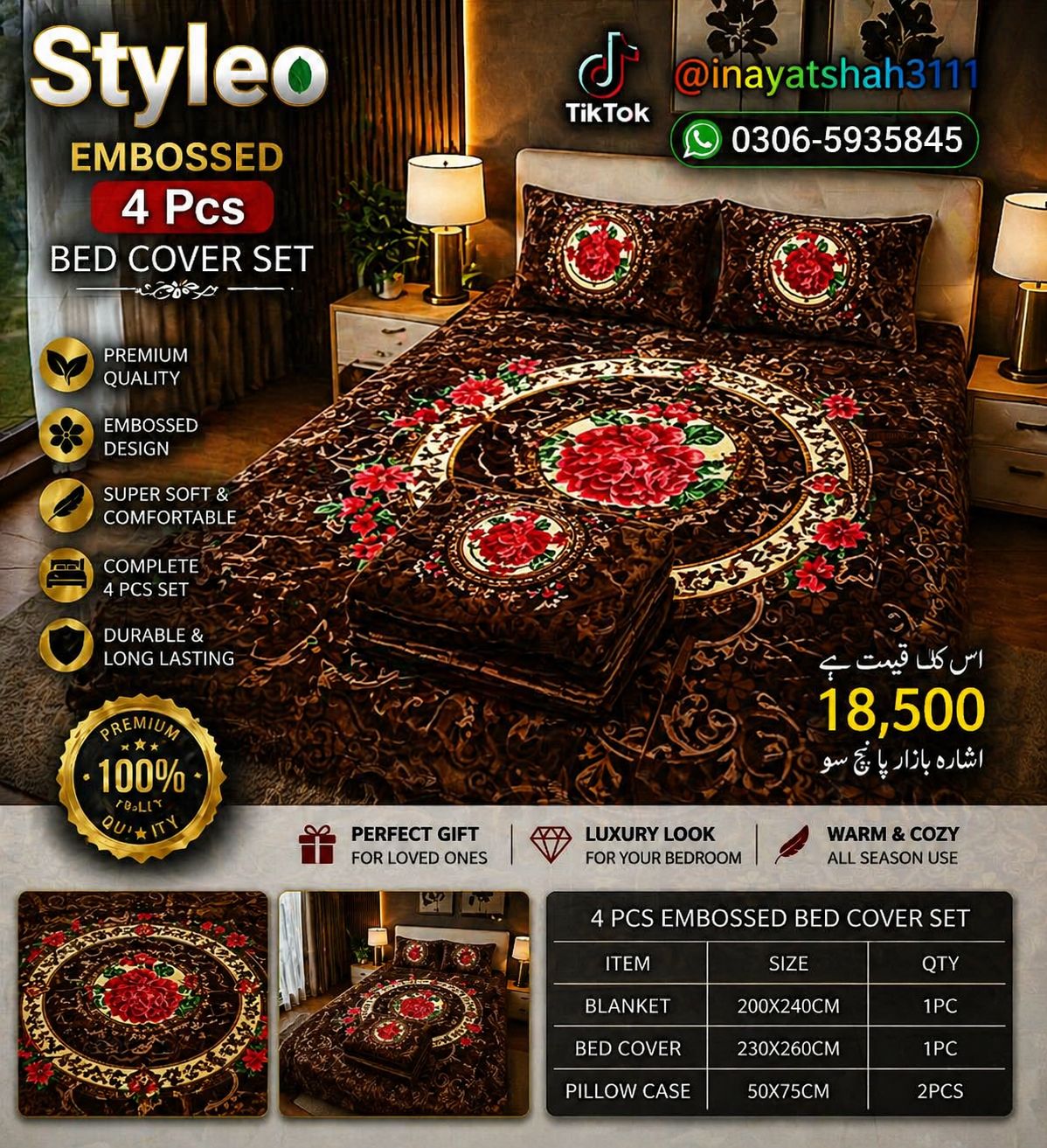 Styleo 4PCS Embossed Bed Cover Set – Luxury Grey Floral Velvet Bedding Set